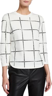 Three-Quarter Sleeve Windowpane Curved-Hem Blouse