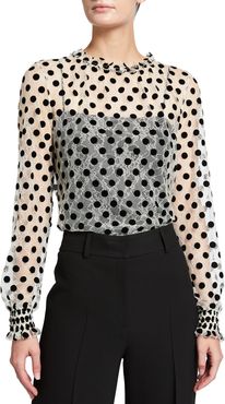 Ruffle Lace Floral Long-Sleeve Dotted Blouse