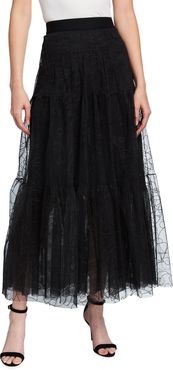 Embroidered Floral Tulle Woven Midi Skirt