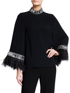 Embellished High-Neck Feather Blouse