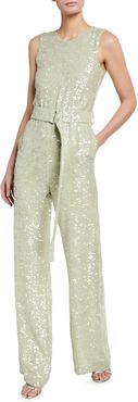 Sequined Viscose Crewneck Belted Jumpsuit