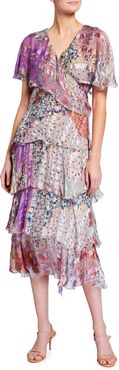 Mixed-Print Tiered Silk Dress