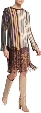 Striped Paisley Long-Sleeve Dress with Fringe