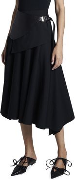 Leather-Belted Wool Skirt