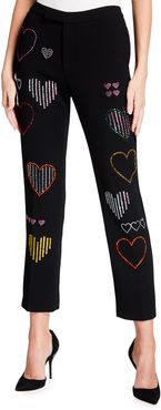 Hearts Embellished Wool Narrow Pants