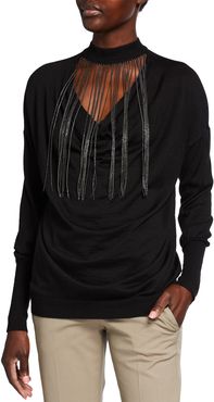 Cashmere-Silk Monili Fringe Inset Choker Sweater