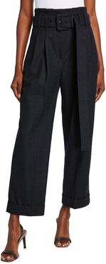 Pleated Melange Wool Cuffed Pants with Wide Belt