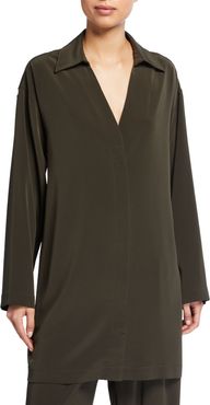 Long-Sleeve Button-Front Crepe Shirt