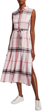 Plaid Sleeveless Belted Midi Shirtdress w/ Side Slit