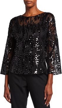 Sequined Mesh 3/4-Sleeve Top