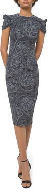 Paisley Draped Cap-Sleeve Sheath Dress