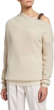 One-Shoulder English-Ribbed Sweater w/ Monili Link