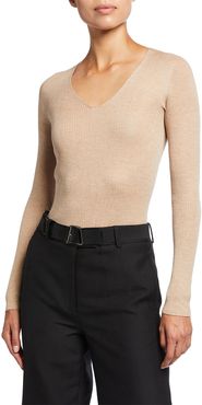 V-Neck Silk-Cotton Seamless Rib-Knit Sweater