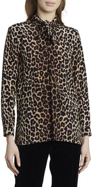 Leopard Print Long-Sleeve Tie-Neck Top