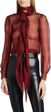 Plaid Tie-Neck Silk Blouse