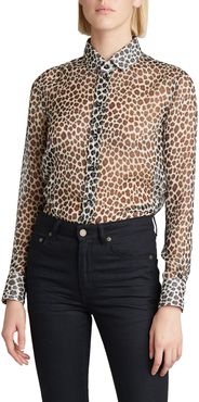Classic Leopard Silk Button-Down Blouse