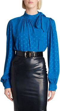 Silk Jacquard Tie-Neck Blouse