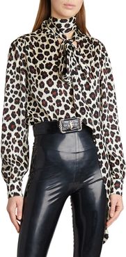 Leopard-Print Tie-Neck Silk Blouse