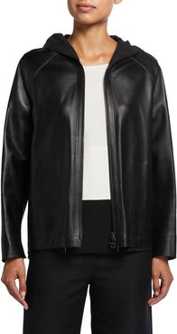 Hooded Leather High-Low Jacket