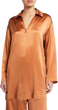 Long-Sleeve Button Front Silk Shirt