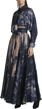 Abstract Printed Long Habotai Silk Skirt