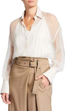 Monili Striped Silk Button-Down Blouse