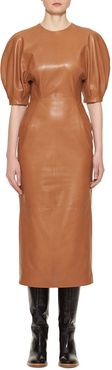Coretta Curved-Shoulder Leather Midi Dress