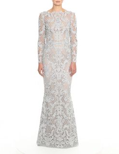 Embroidered Damask Lace Gown
