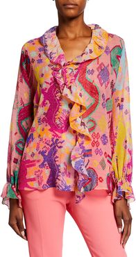 Dragon-Print Frill Silk Blouse