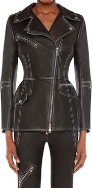 Contrast-Stitch Lambskin Leather Biker Jacket