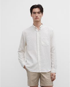 Bone / Khaki Slim Striped Linen Shirt in Size L