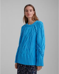 Blue Oversized Cable Crew Sweater in Size XS