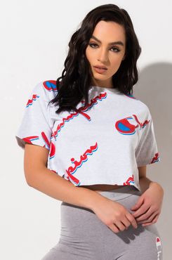 AKIRA Champion Womens All Over Script Cropped Tee