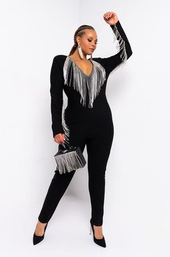 Plus Money Making Moves Rhinestone Fringe Deep V Jumpsuit