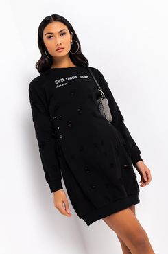 Sell Your Soul Long Sleeve Distressed Lace Up Mini Sweater Dress