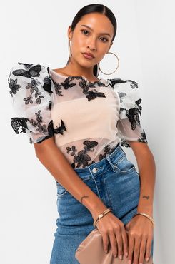You Give Me Butterflies Puff Sleeve Mesh Blouse