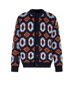 Cardigan In Lana E Alpaca Jacquard, Uomo, Blu Navy