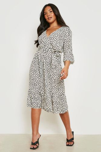 Plus Ruffle Hem Spotty Wrap Dress - White - 12