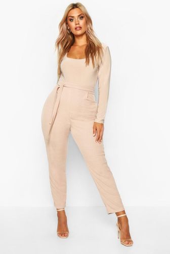 Plus Ribbed High Waist Tie Waist Tapered Pants - Beige - 12