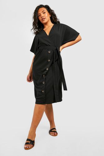 Plus Belted Button Down Midi Dress - Black - 24