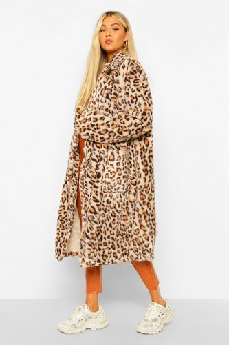 Tall Faux Fur Leopard Print Longline Coat - Brown - 2