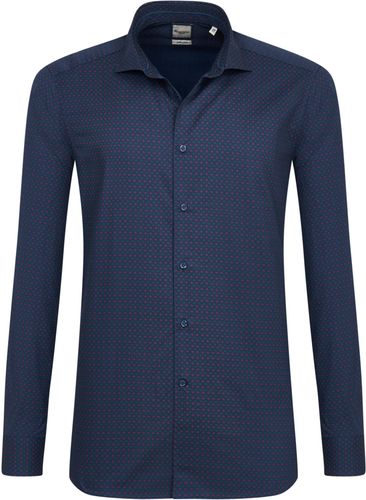 Camicia trendy blu con microfantasia geometrica rossa, slim francese