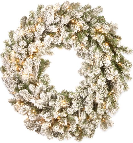 National Tree 30in Feel Real Snowy Sheffield Spruce Wreath w/ 100 Warm White Battery Operated LED Lights w/Timer