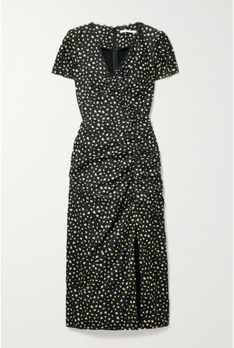 Lace-trimmed Gathered Floral-print Crinkled-satin Midi Dress - Black