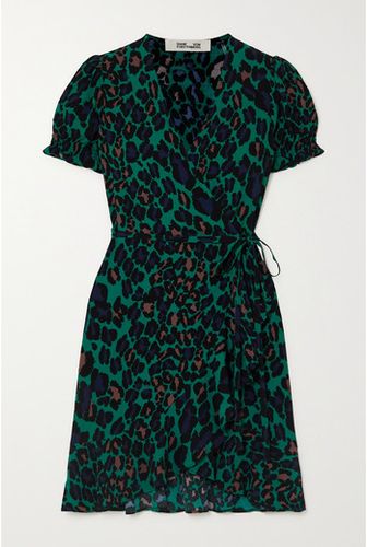 Emilia Ruffled Leopard-print Crepe Mini Wrap Dress - Green