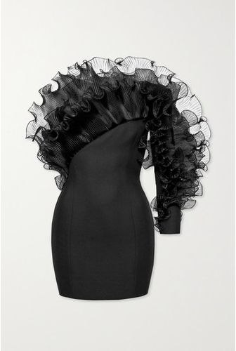 One-sleeve Ruffled Organza-trimmed Wool-crepe Mini Dress - Black