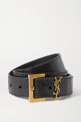 Embellished Crinkled Glossed-leather Belt - Black