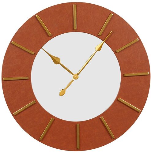 Willow Row Large Round Wood Wall Clock With Brown Faux Leather Border And Gold Detail - 30" X 30" at Nordstrom Rack