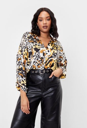 Plus Size Satin Animal Print Shirt - Brown