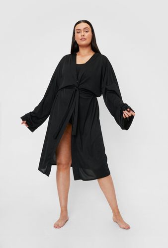 Plus Size Ribbed Belted Longline Robe - Black